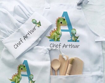 Ensemble de tablier de cuisson imprimé dinosaure, toque de chef, ensemble en bois, tabard, dossard de cuisine en toile, tablier pour enfants de qualité