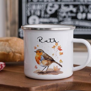 Personalised Bird printed camping mug, coaster, Robin design drinking item , Birthday Christmas gifts, table wear