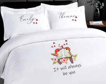 Personalised couple duvet cover, love bird design double bedding set, Mr and Mrs wedding gift,