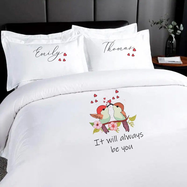 Personalised couple duvet cover, love bird design double bedding set, Mr and Mrs wedding gift,