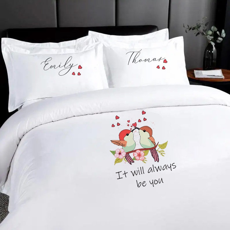 Housse de couette personnalisée pour couple, parure de lit double design oiseau d'amour, cadeau de mariage pour M. et Mme, image 1