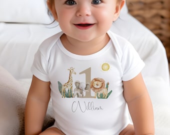 Personalised first birthday safari Baby vest, top, Baby grow, t-shirt number print clothing,  Bodysuits,