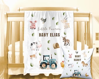 Spersonalizowany kocyk dla dziecka z motywem zwierząt gospodarskich, spersonalizowana kołdra Minky Red Barn, miękka poduszka do pokoju dziecięcego