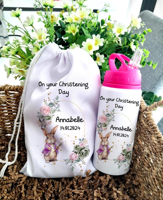 Personalised Christening Gift Kids Bottle, Bespoke Pink Bunny