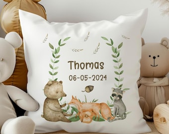 Personalised Forest Animals Cushion, Woodland Nursery Decor, Watercolour Fox Deer Pillow
