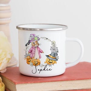 Personalizowany kubek na Halloween, ubranka dla dzieci do picia, kubek emaliowany, wzór królika i dyni, przedmiot kuchenny