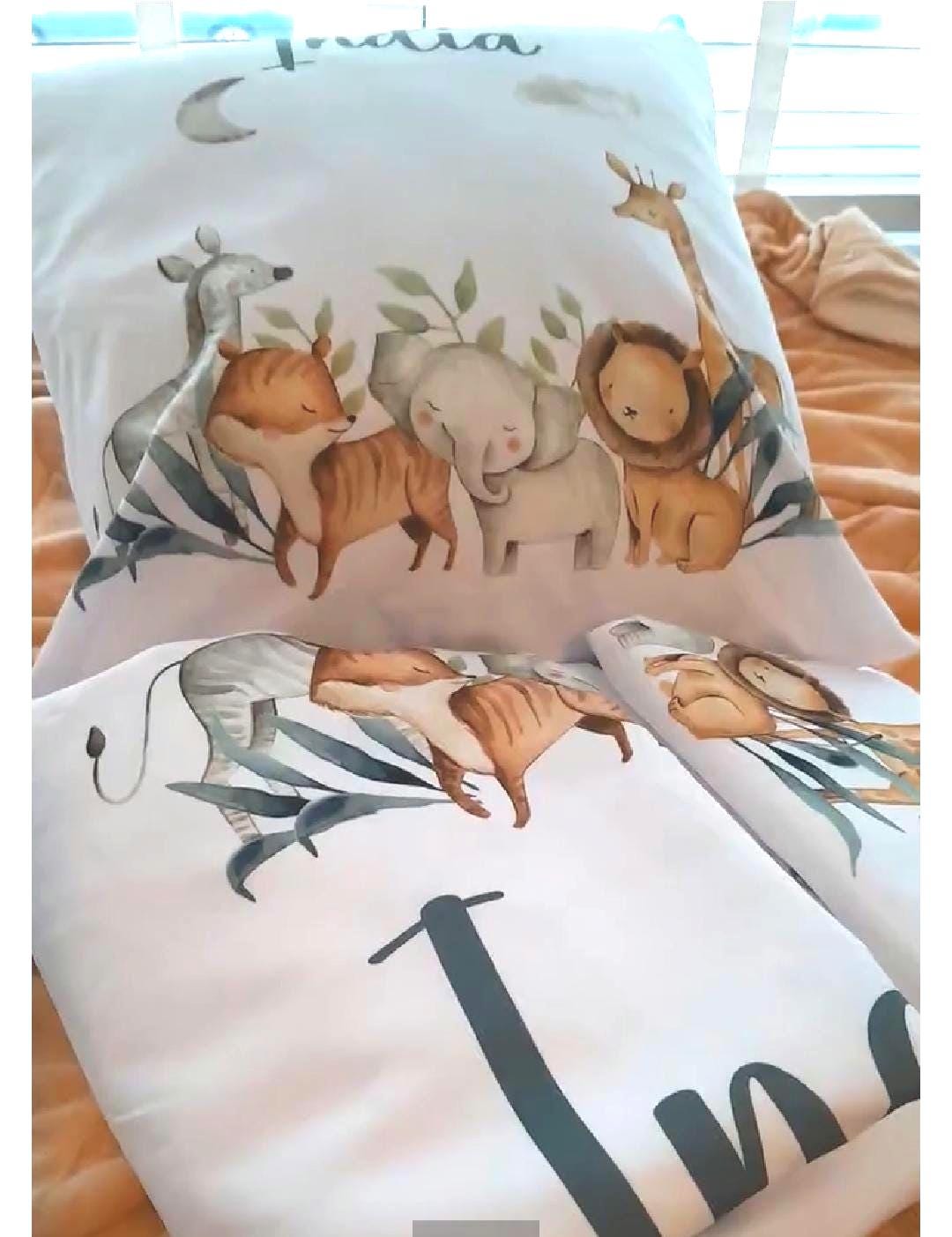 Personalised jungle animals duvet cover set, bespoke safari print pillow case, kids  bedding, bedroom item, nursery bedding