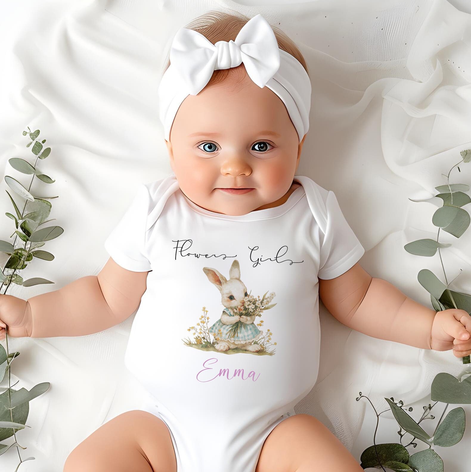 Personalized Baby Body Suit flower Girl Sleep Suit Bib Set FLORAL BUNNY Baby Romper Wedding Baby Vest Baby Wedding Clothes Etsy UK
