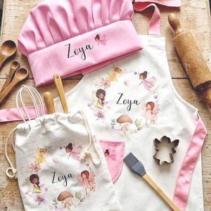 Gepersonaliseerde kinderfee-bakschortset, aangepaste chef-kokmuts voor peuters, paddestoelentuin kinderkamercadeau