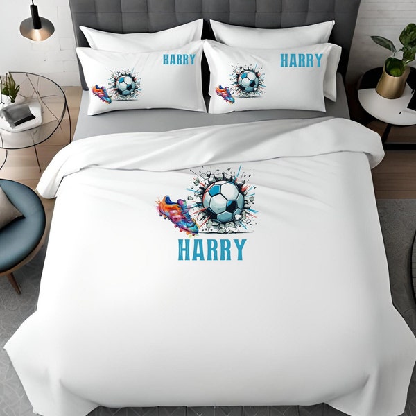 Personalised Boy FOOTBALL print white duvet cover set, SOCCER DESIGN pillow case, toddler bedding, bedroom item,