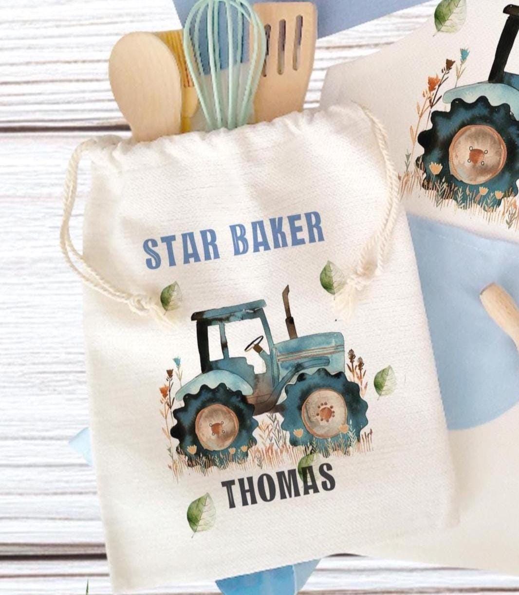 Tablier Enfant Personnalisé Avec Toque De Chef – Motif Tracteur Ferme Bleu, Ensemble Pâtisserie Lin, Cadeau Noël Ou Anniversaire