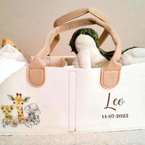 Personalised Baby Diaper Caddy - SAFARI print Organizer- Nursery Storage Bin , Car Organizer for Diapers and Baby Wipes