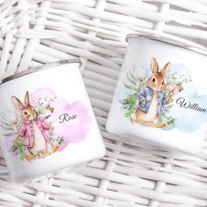 Personalised enamel mug,  kids camping mug, Blue Rabbit coaster treat bag, Kids Table set, Birthday gift for kids, kids Christmas gift