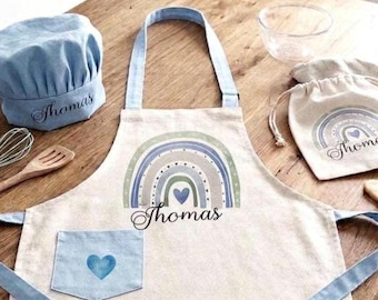 Conjunto de delantal de lino personalizado para niños, gorro de chef, bolso, arcoíris, regalo para hornear, conjunto de cocina para niños pequeños