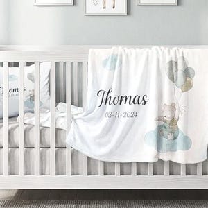 Personalized Honey Bear Nursery Set, Custom Name Blanket, Cushion, Romper Bundle