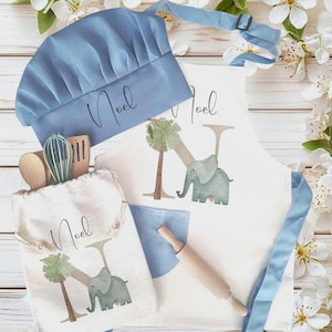Delantal de lino estilo safari personalizado para niños, diseño de letra inicial, cuchara de madera, rodillo, cepillo para pasta, regalo de Navidad, delantal para hornear