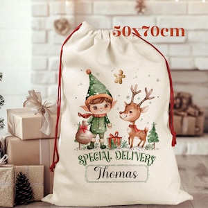 Personalized Linen Christmas Elf Sack: Keepsake Stocking Bag, Durable Festive Design