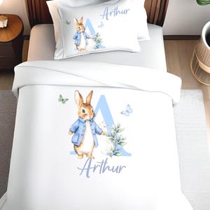 Juego de funda de edredón infantil con estampado de conejo azul personalizado, funda de almohada para niños, artículo de cama, accesorios para el dormitorio, cojín