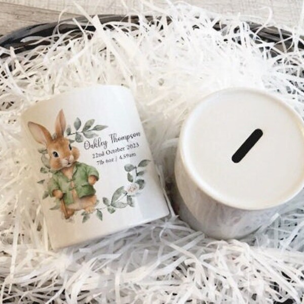 Cadeau personnalisé de tirelires imprimées Bunny | Boîte d’épargne pour enfants, cadeau de baby shower, pot d’économie d’argent, pot d’argent, tirelire, banque de pièces, pot de pourboires