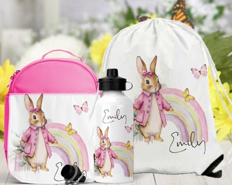 Borsa per il pranzo personalizzata, bottiglia d'acqua, coniglietto rosa, scatola per il pranzo di ritorno a scuola con bottiglia, borsa da scuola per ragazza RABBIT DESIGN