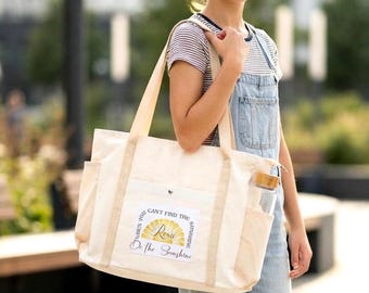 Personalised Canvas Tote gym Bag for Women, Teacher gift, Large Work organiser, Everyday Handbag, Multi Pocket Carryall