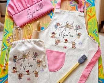 Personalised Kids Linen Apron Set  Pink Fairy Print Chef Hat & Wooden Utensils