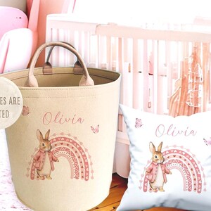 Personalisierte rosa Kaninchen Design GROSSER Filz Spielzeug Korb, Kinder Filz Aufbewahrungstasche, Kinderzimmer Artikel, Boxen Behälter für Baby Artikel, Spielzeug Wanne