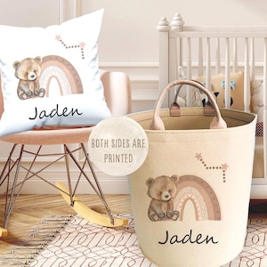 Personalisierte GROSSES Spielzeug Korb Kissen, Kinder Aufbewahrungsbox, Beige Kinderzimmer Artikel, Bär Thema Bins für Baby Artikel, Spielzeug bin