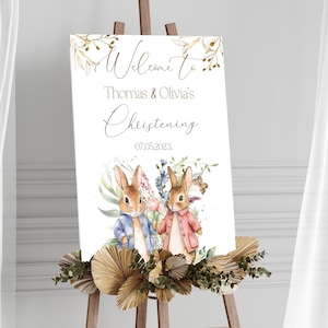 Paquete de letreros de bienvenida de conejos gemelos PERSONALIZADOS, libro de visitas, bautismo, tarjetas y regalos, letrero de baby shower, letrero de mesa de cumpleaños, bautizo