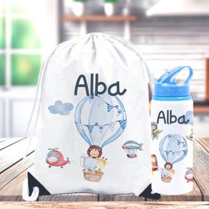 Bouteille d'eau personnalisée safari en montgolfière avec sac en PE pour enfants, article pour la rentrée des classes avec bouteille, ensemble de sport pour garçon