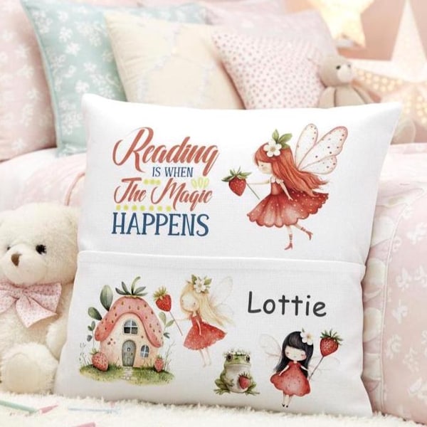 Cuscino tascabile personalizzato con fatina fragola, libro magico a sorpresa con fatina per bambini