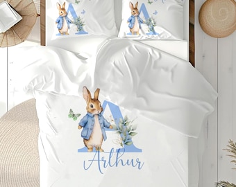 Personalised blue Rabbit print kids duvet cover set, bespoke children pillow case, unique bedding item, bedroom accessories, quality cushion