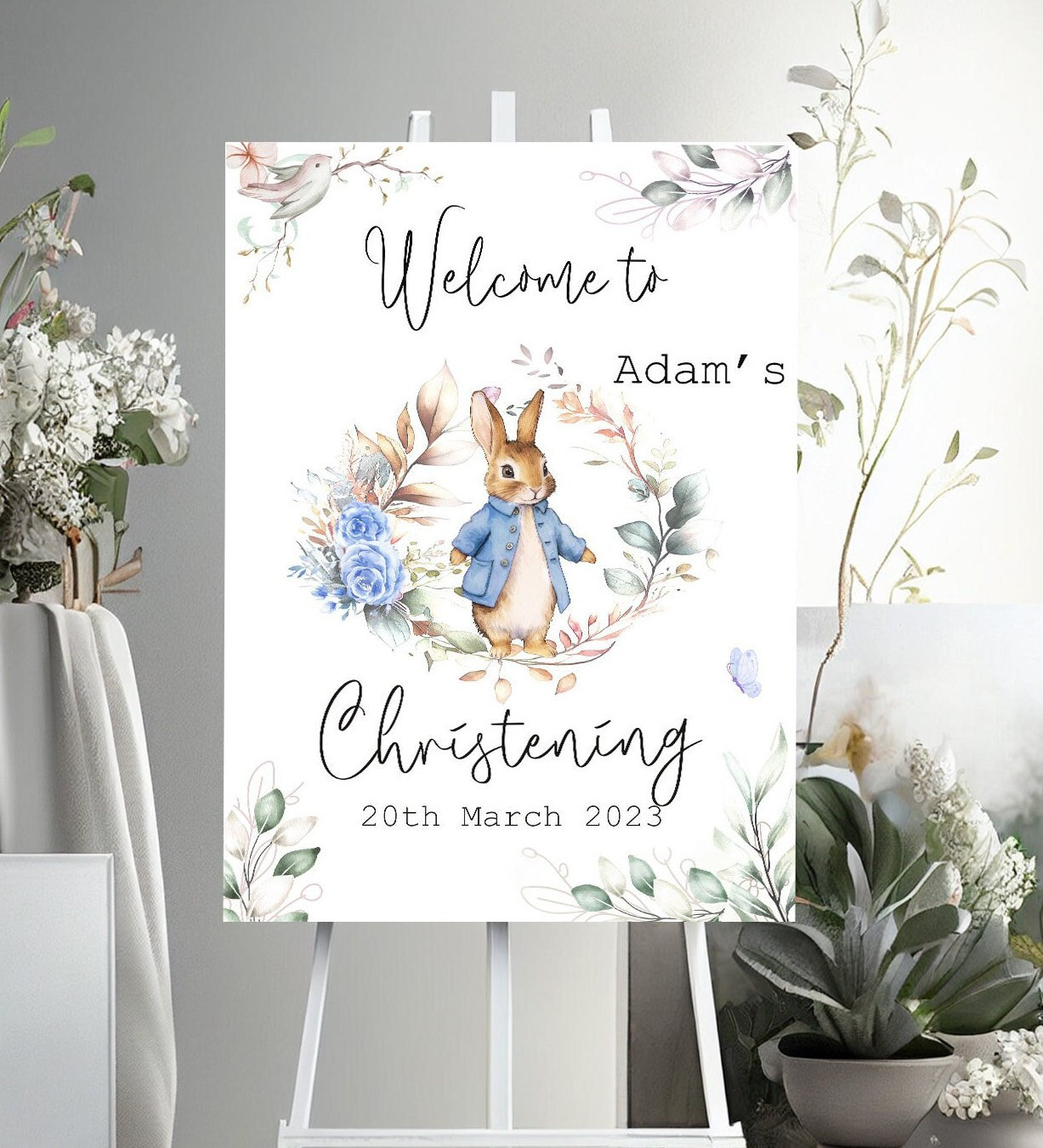 Personalised  Rabbit Christening Welcome  backdrop, Greenery Eucalyptus Christening/Baptism  banner Sign
