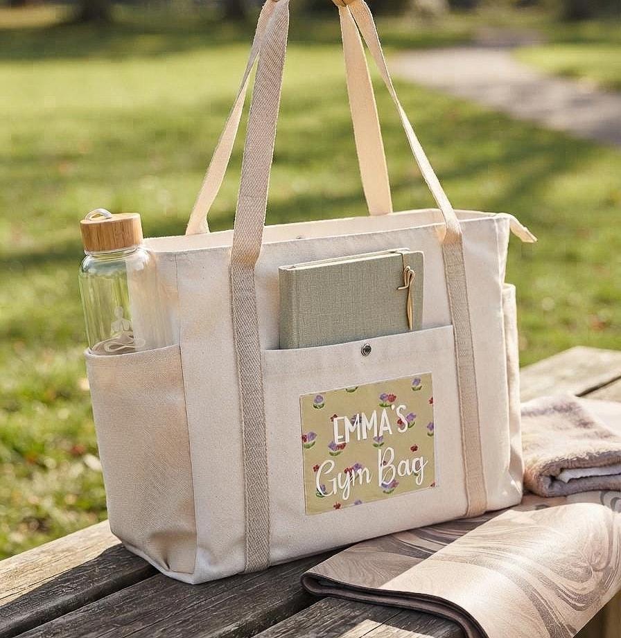 Personalised Gym Bag for Women, Custom Initial & Name Canvas Duffle sack, Large Sports Workout Tote, Fitness Gift with Side Pockets