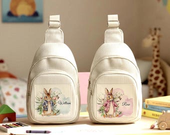 Minibolso de pana personalizado con estampado floral de conejito, bolso de hombro para niños pequeños y mochila de viaje.