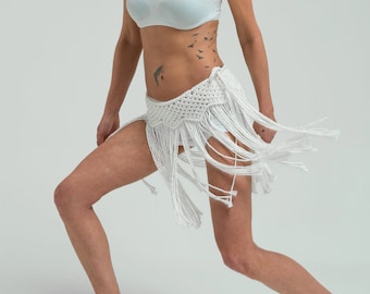 Hand Knitted Macrame Tasseled Skirt: Cotton Beach Cover-Up Festival Outfit