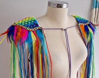 Rati Rainbow Shoulder Accessory, Long Tassel and Feather Epaulette, Macrame Shoulder Accessory, LGBTQ Pride Festival Outfit Clothing Unisex