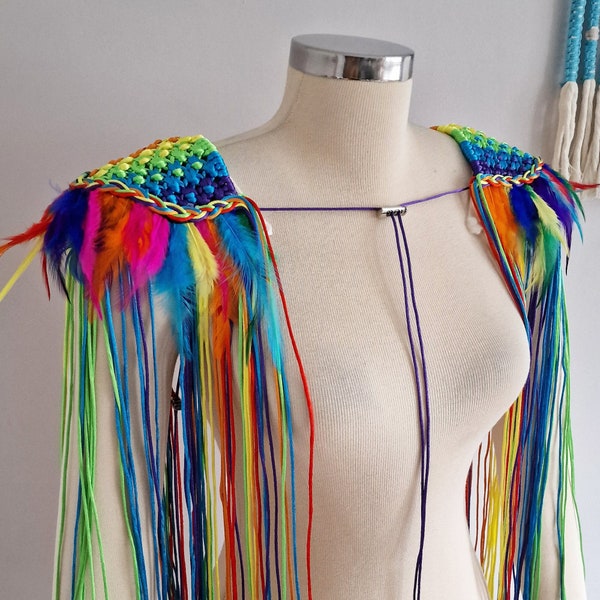 Rati Rainbow Shoulder Accessory, Long Tassel and Feather Epaulette, Macrame Shoulder Accessory, LGBTQ Pride Festival Outfit Clothing Unisex