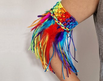 Rati Rainbow Tassel And Feather Arm Accessory, LGBTQ Pride Festival Outfit Clothing, Feather Arm Band Accessories for Pride, Party Arm Cuff