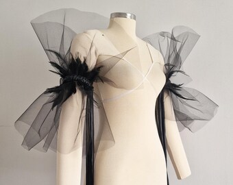 Gothic Dramatic Tulle Feather Arm Cuffs: Adjustable Shoulder  display picture 3