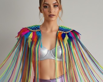 Accesorio de hombro Rati Rainbow, charretera con flecos y plumas, accesorios de ropa para festivales y fiestas del Orgullo LGBTQ para mujer, hombre y unisex.