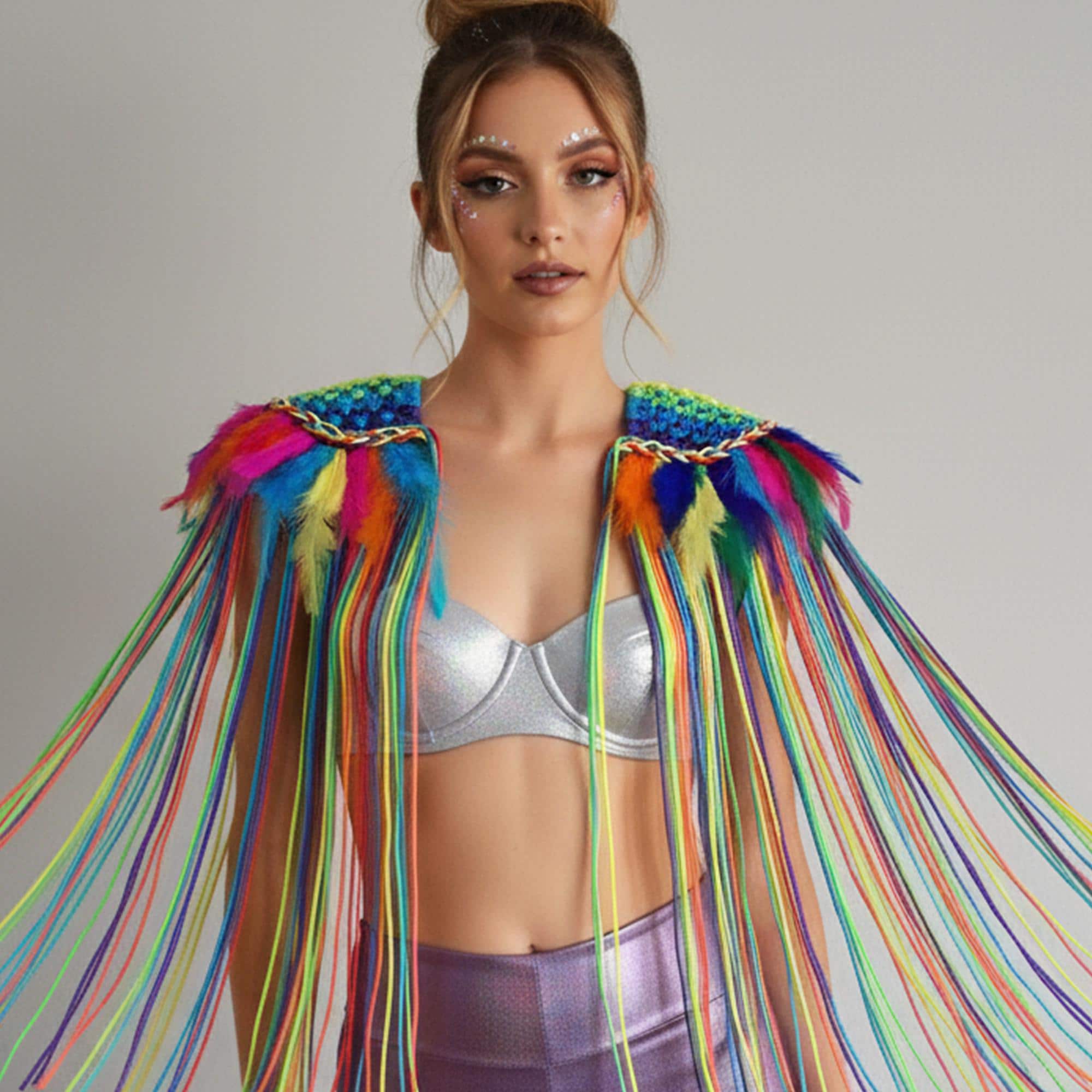pastel rainbow fringe dress Multi Plus Size Rainbow Tassel Beaded Shift Dress