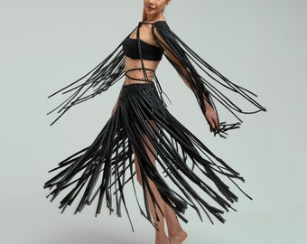 Macrame Fringe Set: Handmade Skirt and Shoulder Shawl for Rave Party Costume Stage Wear