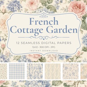 Pode incluir: Uma coleção de 12 papéis digitais sem costuras intitulada French Cottage Garden, com padrões florais de hortênsias azuis e rosas sobre um fundo creme. O conjunto inclui ficheiros de 12x12 polegadas a 300 DPI em formato JPG.