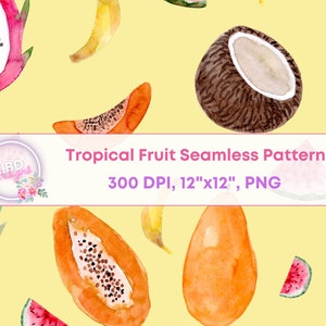 Watercolor Tropical Fruit Digital Paper, 12x12 scrapbook, Seamless pattern, Yellow background, JPEG