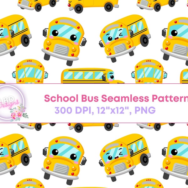 Cute Back to School Bus Digital Pattern, 12x12 scrapbook, background, Kawaii, PNG