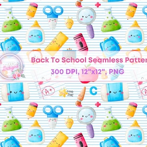Padrão digital fofo de volta às aulas, álbum de recortes 12x12, plano de fundo, Kawaii, PNG
