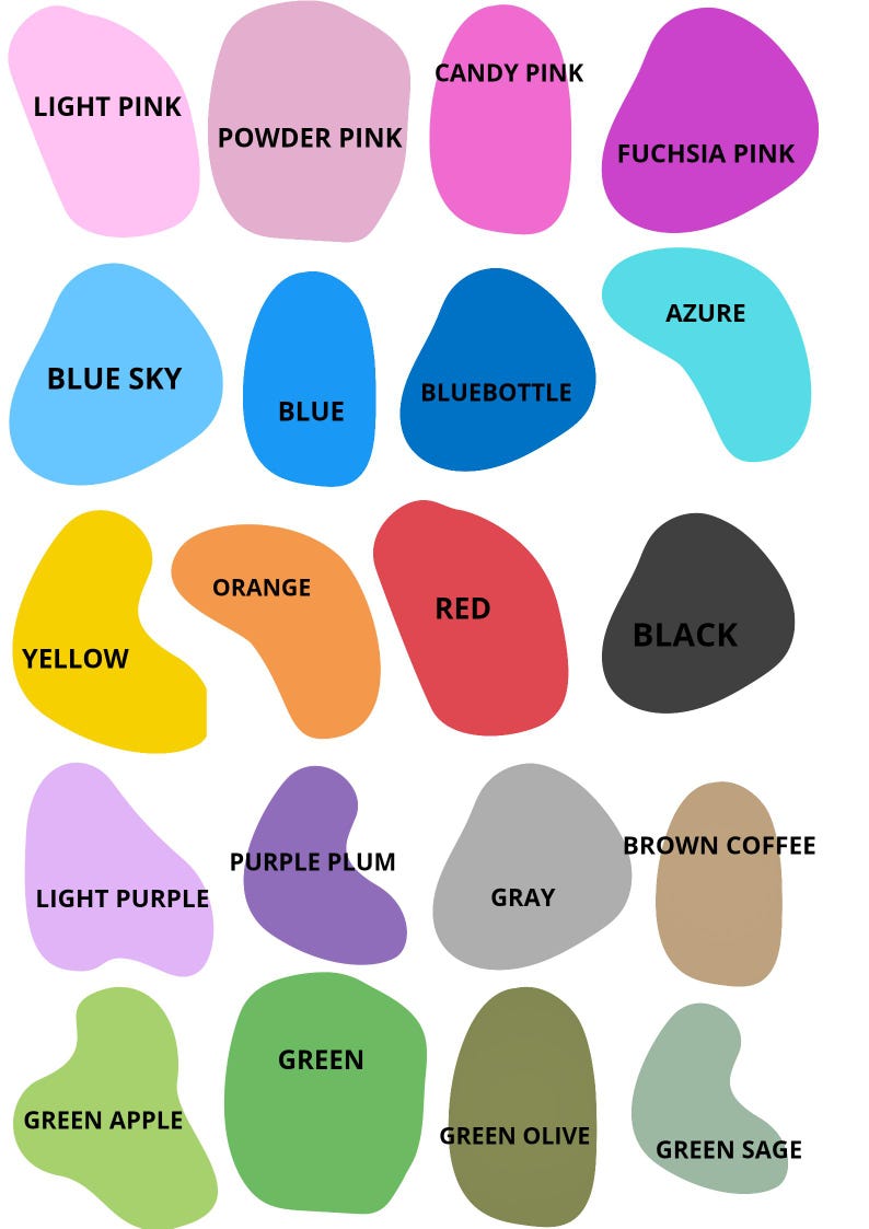 Pode incluir: Uma paleta de cores com 20 amostras de cores diferentes. As cores incluem tons de rosa, azul, amarelo, laranja, vermelho, preto, roxo, cinza, marrom e verde. Cada cor &eacute; rotulada com seu nome, como "Rosa claro" e "Azul celeste".