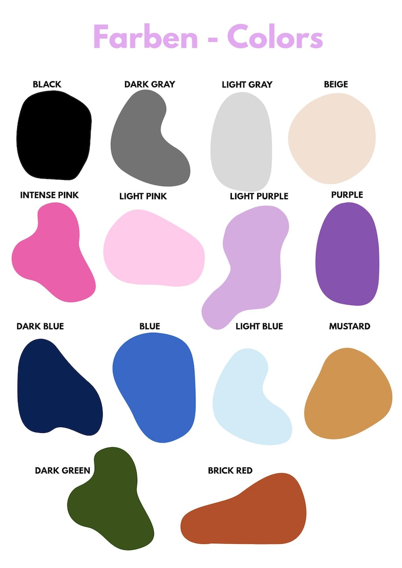 K&ouml;nnte beinhalten: Eine Farbkarte mit dem Titel "Farben - Colors" in Lila. Die Karte zeigt 15 Farbfelder, darunter Schwarz, Dunkelgrau, Hellgrau, Beige, Intensivrosa, Hellrosa, Hellviolett, Violett, Dunkelblau, Blau, Hellblau, Senf, Dunkelgr&uuml;n und Ziegelrot.