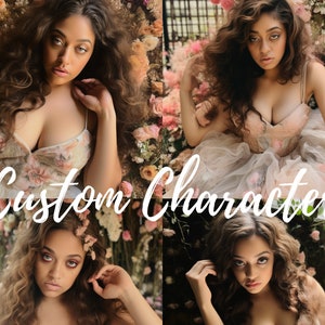 Puede incluir: Una mujer con el pelo largo y castaño posa frente a un fondo floral. Lleva un vestido de estampado floral y una falda de tul. El texto "Custom Character" está superpuesto a la imagen.